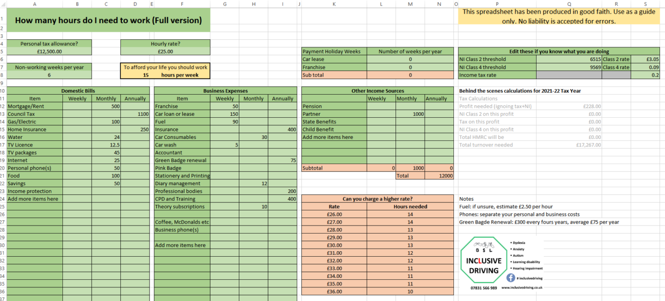 Working Hours Calculator (202425) Inclusive Driving specialist